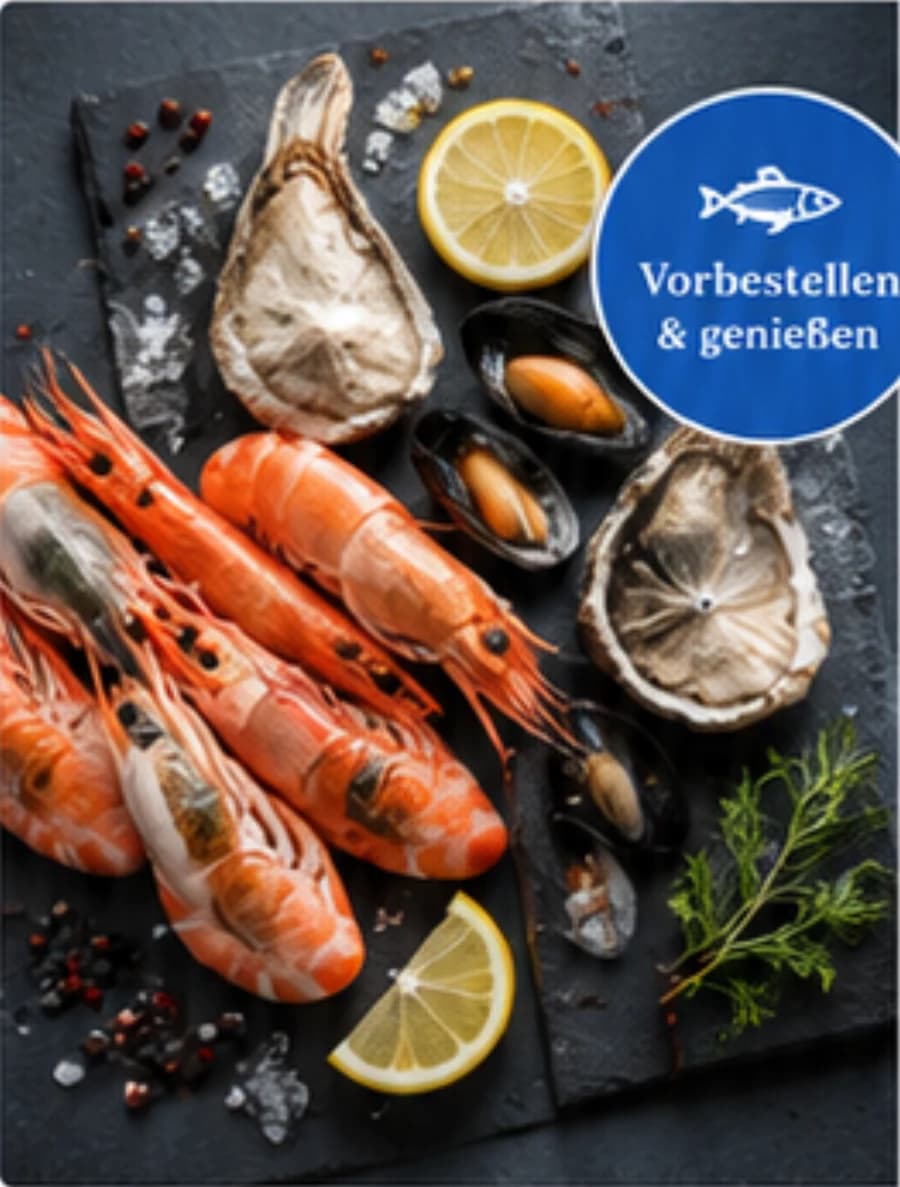 Garnelen, Austern und Muscheln auf dunklem Stein